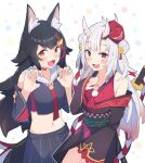  2girls :3 :d animal_ear_fluff animal_ears bell black_hair blush brown_eyes claw_pose commentary_request detached_sleeves double_bun fang hair_bell hair_bun hair_ornament hand_on_own_chest highres hololive horns kouhaku_nawa kyutai_x long_hair long_sleeves looking_at_viewer mask mask_on_head multicolored_hair multiple_girls nakiri_ayame navel necktie off_shoulder oni_horns oni_mask ookami_mio red_eyes red_hair rope sailor_collar shimenawa skin_fang smile stomach streaked_hair virtual_youtuber weapon weapon_on_back white_background white_hair wolf_ears wolf_girl 