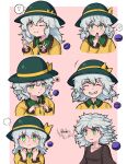  !? 1girl :t ;) bar_censor black_headwear border censored closed_eyes doku_yanagi double_v expressions finger_touching frown green_eyes grin hat hat_ribbon highres identity_censor komeiji_koishi light_green_hair one_eye_closed pink_background pout ribbon short_hair smile speech_bubble spoken_interrobang spoken_squiggle squiggle third_eye touhou v v-shaped_eyebrows white_border yellow_ribbon 