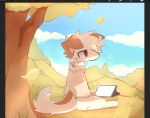  animal_ears blue_sky bored brown_jacket brush cloud cloudy_sky dog dog_ears dog_tail forest furry furry_male goobyart highres jacket leaf nature original sitting sky tablet_pc tail tree 
