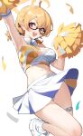  1girl :d absurdres ahoge arm_up armpits bangs blonde_hair blue_archive blush breasts crop_top detached_collar glasses hair_between_eyes halo highres holding holding_pom_poms kotori_(blue_archive) looking_at_viewer medium_breasts pom_pom_(cheerleading) red_eyes semi-rimless_eyewear shoes short_twintails simple_background skirt smile solo stone_(ksorede) thigh_strap twintails v-shaped_eyebrows white_background white_footwear white_skirt 