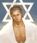  1boy bara blue_background brown_hair closed_eyes closed_mouth commentary facial_hair hexagram hinokumo_f large_pectorals long_sideburns male_focus mature_male mononobe_kyoma multicolored_hair muscular muscular_male open_clothes pectoral_cleavage pectorals short_hair sideburns solo star_of_david streaked_hair stubble thick_eyebrows tokyo_afterschool_summoners upper_body white_hair 