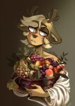  anthro apple basket blonde_hair cervid clothed clothing container cyanofdream eyebrow_through_hair eyebrows fig food fruit grape hair hi_res holding_object horn inner_ear_fluff leaf looking_aside male mammal peach_(fruit) pear plant signature simple_background solo translucent translucent_hair tuft 