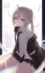  1girl absurdres arms_behind_back bangs black_jacket black_necktie black_skirt blush breasts closed_mouth feathers feet_out_of_frame girls&#039;_frontline grey_hair highres jacket long_hair long_sleeves looking_at_viewer m200_(girls&#039;_frontline) necktie open_clothes open_jacket purple_eyes shirt side_ponytail simple_background sitting skirt small_breasts solo thomas_8000 white_feathers white_shirt 