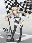  1girl alternate_costume annin_musou bandeau black_footwear black_panties blonde_hair blue_skirt blush boots brown_eyes checkered_flag collarbone flag full_body gloves grin high_heel_boots high_heels highleg highleg_panties highres holding holding_flag kantai_collection knee_boots long_hair miniskirt navel one_eye_closed panties pleated_skirt race_queen rensouhou-chan revision shimakaze_(kancolle) skirt smile standing underwear white_bandeau white_gloves 