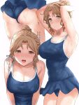  1girl armpits arms_up ass blue_one-piece_swimsuit blush breasts cleavage collarbone covered_navel cropped_arms hair_bun highres ichikawa_hinana idolmaster idolmaster_shiny_colors kakeru_(fujiwara_kakeru) large_breasts light_brown_hair looking_at_viewer multiple_views one-piece_swimsuit single_hair_bun sweatdrop swimsuit translated 