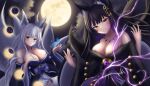  animal_ear_fluff animal_ears azur_lane bare_shoulders black_kimono blue_collar breasts brown_eyes cleavage collar detached_collar fox_ears fox_girl fox_tail full_moon fur_trim gem hand_on_own_chest highres japanese_clothes jewelry kimono kitsune kyuubi large_breasts lightning long_hair magatama magatama_necklace moon moon_phases multiple_tails musashi_(azur_lane) necklace purple_eyes purple_gemstone purple_hair shinano_(azur_lane) shouhaku0512 skirt tail thighhighs very_long_hair white_skirt white_thighhighs 