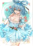  1girl :p blue_dress blue_hair breasts cleavage collarbone dress flower hair_ornament hair_rings hair_stick highres kaku_seiga looking_at_viewer monji_(monzi328) shawl short_sleeves solo tongue tongue_out touhou traditional_media vest 