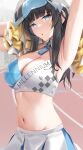  1girl absurdres armpits arms_up bangs black_hair blue_archive blue_eyes blush breasts cheerleader cleavage facial_mark hibiki_(blue_archive) hibiki_(cheerleader)_(blue_archive) highres holding holding_pom_poms large_breasts looking_at_viewer medium_hair navel outdoors parted_lips pleated_skirt pom_pom_(cheerleading) skai_kun skirt star_(symbol) star_facial_mark stomach two-tone_skirt 
