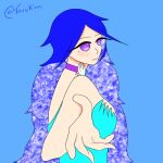  1girl blue_background blue_dress blue_hair breasts character_request copyright_request diamond_(gemstone) dress eyelashes happy huge_breasts long_hair lowres non-web_source purple_eyes simple_background smile solo source_request standing star_(symbol) varukim virtual_youtuber 