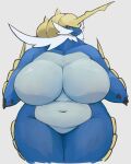  2021 anthro belly big_breasts blue_body breasts claws curvy_figure featureless_breasts female front_view generation_5_pokemon glistening grey_body hi_res horn huge_breasts looking_at_viewer navel nintendo nude overweight pokemon pokemon_(species) portrait red_eyes samurott simple_background solo standing thick_thighs three-quarter_portrait video_games voluptuous whiskers wide_hips zephy_03 