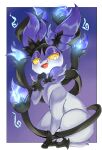  absurdres animal_ears blue_fur chandelure fire fluffy fox fox_ears fox_tail furry fusion highres open_mouth pkbunny pokemon pokemon_(creature) ribbon sylveon tail yellow_eyes 