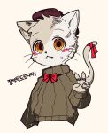  ambiguous_gender anthro blush blush_lines clothing domestic_cat felid feline felis fur grey_body grey_clothing grey_fur grey_shirt grey_topwear hat headgear headwear kemono korean_text mammal mouth_closed original_characters popokachip red_ribbon ribbons shirt solo text topwear whiskers 