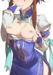  1girl breasts breasts_out brown_hair chai_xianghua character_request china_dress chinese_clothes cleavage copyright_request dress head_out_of_frame highres morisobo nipples no_bra simple_background solo soulcalibur teeth white_background 