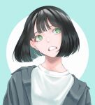  1girl aqua_background black_hair bob_cut green_eyes grimace highres looking_up original shirt short_hair simple_background solo upper_body white_shirt zudxpnz 