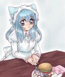  2girls absurdres blue_eyes blue_hair blue_headwear burger cirno dress food frown fumo_(doll) hat highres juliet_sleeves long_hair long_sleeves multiple_girls napkin pillow_hat plate puffy_sleeves sad skullchimes table touhou white_dress 