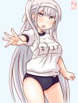  1girl alternate_costume artist_logo blue_background blue_buruma breasts buruma commentary_request contrapposto cowboy_shot dated fuyutsuki_(kancolle) gradient gradient_background grey_eyes grey_hair gym_shirt gym_uniform hachimaki headband kanon_(kurogane_knights) kantai_collection long_hair looking_at_viewer medium_breasts one-hour_drawing_challenge one_side_up open_mouth pose shirt short_sleeves simple_background solo standing t-shirt white_background white_hair white_headband white_shirt 