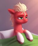  5:6 bed bedding blanket digital_media_(artwork) earth_pony equid equine eyebrows feral fetlocks frown furniture green_eyes hair hasbro hi_res hooves horse luminousdazzle male mammal mane messy_hair mlp_g5 my_little_pony pillow pony red_body solo sprout_cloverleaf_(mlp) thick_eyebrows tired unimpressed white_body 
