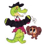  accordion anthro apple_toast big_ears big_eyes black_clothing black_hat black_headwear brown_body brown_fur cheburashka cheburashka_(character) claws clothing crocodile crocodilian crocodylid dancing duo eyes_closed fangs fur hat headgear headwear hi_res intersex intersex/male krokodil_gena male mammal marsupial musical_instrument open_mouth reptile ribbons scales scalie uniform 