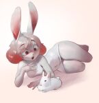  2022 ambiguous_gender anthro breasts clothing dress duo female feral fur hair hi_res ima_(imabunbun) lagomorph leporid lying mammal multicolored_hair navel_outline on_side open_mouth qupostuv35 rabbit red_eyes red_hair simple_background two_tone_hair white_body white_fur white_hair 