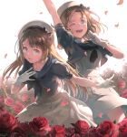  2girls arm_up artist_name blonde_hair blue_eyes blue_sailor_collar dress flower gloves hat janus_(kancolle) jervis_(kancolle) kantai_collection long_hair mat_(seiga38529) multiple_girls one_eye_closed open_mouth petals red_flower red_rose rose rose_petals sailor_collar sailor_dress sailor_hat short_hair short_sleeves signature smile white_dress white_gloves white_headwear 