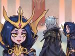  1boy 2girls :d bangs black_jacket black_thighhighs blue_hair breasts disembodied_eye dual_persona grey_hair jacket league_of_legends leblanc_(league_of_legends) long_sleeves looking_back medium_breasts medium_hair meme multiple_girls phantom_ix_row shiny shiny_hair smile swain_(league_of_legends) thighhighs 