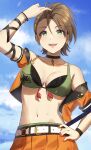  1girl absurdres arm_strap asymmetrical_hair belt_buckle bikini bikini_under_clothes blue_sky blush bracelet breasts brown_hair buckle choker cleavage crop_top ear_piercing earrings emu_(emum) green_bikini green_eyes hand_on_hip highres idolmaster idolmaster_cinderella_girls jacket jewelry kimura_natsuki looking_at_viewer medium_breasts nail_polish navel orange_jacket orange_skirt piercing pleated_skirt skirt sky smile solo spiked_choker spikes sweatdrop swimsuit 