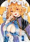  1girl :d blonde_hair breasts cleavage_cutout clothing_cutout dress fox_tail hair_between_eyes hat long_sleeves looking_at_viewer monji_(monzi328) multiple_tails open_mouth smile solo tail touhou traditional_media upper_body wide_sleeves yakumo_ran 