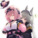  ! 2girls animal_ear_fluff animal_ears arknights armband black_collar black_eyes black_gloves black_hairband black_jacket braid breasts cat_ears closed_eyes closed_mouth collar eorx gloves goldenglow_(arknights) grani_(arknights) grey_hair hairband hands_on_own_chest horse_ears jacket long_hair medium_breasts medium_hair multiple_girls pink_hair pink_jacket ponytail shirt simple_background speech_bubble spoken_exclamation_mark upper_body visor_lift white_background white_shirt 