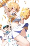 2girls :d absurdres ahoge arm_up armpits arms_up bangs black_eyes blonde_hair blue_archive blurry blurry_background blush breasts brown_hair crop_top detached_collar goggles goggles_on_head hair_between_eyes halo hibiki_(blue_archive) hibiki_(cheerleader)_(blue_archive) highres holding holding_pom_poms kotori_(blue_archive) large_breasts long_hair looking_at_viewer medium_breasts midriff multiple_girls navel open_mouth pom_pom_(cheerleading) ponytail red_eyes shoes short_twintails simple_background skirt smile stone_(ksorede) thigh_strap twintails v-shaped_eyebrows white_background white_footwear white_skirt 