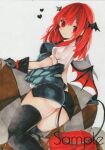  1girl ass bat_wings black_gloves demon_tail from_behind gloves head_wings heart highres koakuma long_hair looking_at_viewer low_wings monji_(monzi328) red_eyes red_hair skirt smile solo tail thighhighs touhou traditional_media wings 