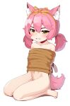  1girl 3: animal_ear_fluff animal_ears barefoot blush character_request clenched_teeth fox_ears full_body looking_at_viewer low_twintails maplestory navel pink_hair restrained rope simple_background sitting solo teeth twintails viroa wariza white_background yellow_eyes 