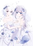  2girls arm_at_side bangs blue_eyes blue_flower blue_nails blue_rose blunt_ends breasts cleavage closed_mouth cowboy_shot dot_nose dress falling_petals flower grey_eyes grey_hair grey_nails hair_bun hair_flower hair_intakes hair_ornament hand_on_another&#039;s_arm hand_on_own_chest highres izumi_kanagi light_blush long_hair looking_at_viewer macoko5 magia_record:_mahou_shoujo_madoka_magica_gaiden mahou_shoujo_madoka_magica multiple_girls off-shoulder_dress off_shoulder petals ponytail rose short_hair short_sleeves sidelocks simple_background strapless strapless_dress veil wedding wedding_dress white_background white_dress white_hair wife_and_wife yakumo_mitama yuri 