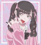  1girl absurdres bangs black_bow black_bowtie black_nails blunt_bangs bow bowtie brown_eyes character_request finger_in_own_mouth highres jacket long_hair long_sleeves looking_at_viewer pink_background pink_jacket pink_ribbon ribbon tongue tongue_out twintails upper_body zudxpnz 