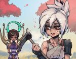  2girls :d bangs bare_shoulders blush breasts brown_eyes brown_hair collarbone flying_sweatdrops grass grey_hair holding holding_weapon karma_(league_of_legends) large_breasts league_of_legends medium_breasts multiple_girls outdoors petals phantom_ix_row riven_(league_of_legends) shiny shiny_hair short_hair smile tree weapon 