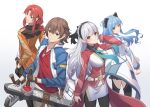  2boys 2girls absurdres al_guang ao_no_kiseki blue_eyes blue_hair brown_eyes brown_hair coat dog_tags eiyuu_densetsu elie_macdowell fingerless_gloves gloves hand_in_pocket highres holding holding_weapon jacket lloyd_bannings long_hair looking_at_viewer multiple_boys multiple_girls necktie randolph_orlando red_hair short_hair smile thighhighs tio_plato tonfa weapon yellow_eyes zero_no_kiseki 