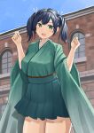  1girl blue_hair breasts building green_eyes green_hakama green_kimono hair_ornament hair_ribbon hakama hakama_short_skirt hakama_skirt highres japanese_clothes kantai_collection kimono mayura2002 medium_breasts medium_hair open_mouth outdoors pleated_skirt ribbon skirt smile souryuu_(kancolle) twintails 