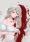  1girl absurdres bangs bare_shoulders blood blood_on_arm blood_on_chest blood_on_clothes blood_on_dress blood_on_face breasts bridal_veil bride cleavage collarbone danxing_aipangzi dress gepard_m1_(exciting_future)_(girls&#039;_frontline) gepard_m1_(girls&#039;_frontline) girls&#039;_frontline grey_hair highres light_blush long_hair looking_at_viewer medium_breasts official_alternate_costume open_mouth orange_eyes simple_background solo standing veil very_long_hair wedding_dress white_dress 
