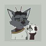  animated anthro canid canine female fox hair hi_res kodigozoot logo mammal messy_fur messy_hair mug simple_background solo tired 