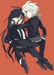  2boys ahoge arare_(op_ed_000) bangs black_footwear black_jacket black_necktie chain closed_mouth collar danganronpa_(series) danganronpa_another_episode:_ultra_despair_girls highres holding jacket kamukura_izuru komaeda_nagito long_hair long_sleeves male_focus metal_collar multiple_boys necktie on_lap open_clothes open_jacket red_background red_eyes shoes simple_background sitting smile white_hair yaoi 