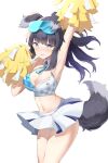  1girl absurdres animal_ears arm_up armpits bare_arms black_hair blue_archive blue_eyes blush breasts character_name cheerleader cleavage cowboy_shot criss-cross_halter crop_top dog_ears dog_girl dog_tail eyewear_on_head facial_mark goggles goggles_on_head halterneck hibiki_(blue_archive) hibiki_(cheerleader)_(blue_archive) highres long_hair looking_at_viewer medium_breasts miniskirt name_tag navel official_alternate_costume parted_lips pleated_skirt pom_pom_(cheerleading) same_(samefgo) simple_background skirt solo star_(symbol) star_facial_mark stomach tail thighs white_background 