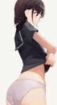  1girl ass bangs black_eyes black_hair black_shirt blunt_bangs butt_crack grey_background highres hiroki_(yyqw7151) looking_away original panties school_uniform shirt short_hair short_sleeves simple_background solo underwear undressing upper_body white_panties 