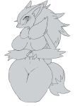  2022 3_fingers anthro big_breasts biped blush breasts canid canine claws curvy_figure cute_fangs featureless_breasts featureless_crotch female fingers front_view fur generation_5_pokemon greyscale hair hi_res hourglass_figure looking_at_viewer mammal monochrome navel nintendo nude open_mouth open_smile pokemon pokemon_(species) sharp_teeth simple_background smile solo standing teeth thigh_gap video_games white_background wide_hips yakiniku628 zoroark 