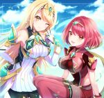  2girls backless_outfit bangs bare_shoulders black_gloves black_pantyhose blonde_hair bob_cut breasts chest_jewel dangle_earrings dress earrings elbow_gloves fingerless_gloves gem gloves headpiece highres jewelry large_breasts legwear_under_shorts long_hair multiple_girls mythra_(massive_melee)_(xenoblade) mythra_(xenoblade) norimaki_(nrmk_norinori) pantyhose pyra_(xenoblade) red_eyes red_hair red_shorts short_dress short_hair short_shorts short_sleeves shorts sleeveless sleeveless_dress swept_bangs thigh_strap thighhighs thighhighs_over_pantyhose tiara very_long_hair white_dress white_gloves xenoblade_chronicles_(series) xenoblade_chronicles_2 yellow_eyes 