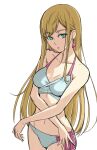  1girl absurdres bare_arms bikini blonde_hair collarbone earrings gigi_andalusia green_eyes grey_bikini gundam gundam_hathaway&#039;s_flash halterneck highres jewelry long_hair looking_at_viewer navel pink_ribbon ribbon side-tie_bikini_bottom simple_background solo standing straight_hair swimsuit triangle_earrings very_long_hair white_background yasumura_yo 