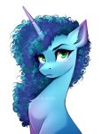  absurd_res afro blue_body blue_hair buvanybu equid equine eyebrows eyelashes female feral freckles green_eyes hair hasbro hi_res horn looking_up mammal misty_(g5) mlp_g5 my_little_pony simple_background solo unicorn unicorn_horn white_background 