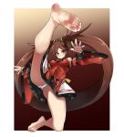  1girl bangs bare_legs bare_shoulders barefoot blush border breasts brown_eyes brown_hair china_dress chinese_clothes detached_sleeves dress eiji_(eiji) feet fighting_stance foot_focus foreshortening guilty_gear guilty_gear_xrd hair_ornament hairclip highres kuradoberi_jam leg_up long_hair medium_breasts nail_polish panties simple_background skirt soles solo thighs toes underwear very_long_hair white_background white_border white_panties wide_sleeves 