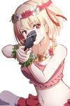  1girl aiming_at_viewer breasts closed_mouth crop_top finger_on_trigger flower_wreath frills glint gun hair_ribbon handgun highres holding holding_gun holding_weapon kooeiatd111020 lei lycoris_recoil medium_breasts navel nishikigi_chisato one_side_up red_eyes red_ribbon ribbon short_hair simple_background solo stomach upper_body v-shaped_eyebrows weapon white_background 