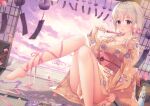 1girl absurdres ahoge bangs bare_legs barefoot blurry blurry_foreground blush breasts brown_kimono cleavage cloud cloudy_sky collarbone dutch_angle falling_petals feet floral_print flower food grey_hair hair_between_eyes hair_flower hair_ornament hanakumo_rin_(vtuber) highres holding holding_food japanese_clothes kimono long_hair long_sleeves looking_at_viewer medium_breasts no_bra obi petals pink_flower pink_ribbon popsicle propro_production purple_eyes purple_ribbon ribbon sash second-party_source sidelocks sitting sky smile solo sousouman sunset sweatdrop tatami tongue tongue_out virtual_youtuber wide_sleeves yukata 