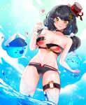  1girl black_hair breasts elsword eve_(elsword) hat highres long_hair low_twintails mindoll nipples swimsuit thigh_strap twintails yellow_eyes 