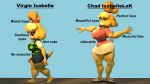  16:9 2021 3d_(artwork) accessory animal_crossing anthro athletic athletic_anthro athletic_female bell biceps big_breasts black_pupils blonde_hair blue_background bottomwear breasts brown_eyes canid canine canis claws cleavage clothed clothing collar curvaceous curvy_figure digital_media_(artwork) domestic_dog dress_shirt duo english_text eyelashes feet female fingers floppy_ears fur hair hair_accessory hair_tie hi_res hourglass_figure huge_breasts isabelle_(animal_crossing) looking_at_viewer mammal meme multicolored_body multicolored_fur muscular muscular_anthro muscular_female nintendo pupils sandels shih_tzu shirt shitpost short_hair simple_background simple_eyes skirt small_waist source_filmmaker text thick_thighs toes topwear toy_dog two_tone_body two_tone_fur vaultlad video_games virgin_vs._chad voluptuous white_body white_fur wide_hips widescreen yellow_body yellow_fur 